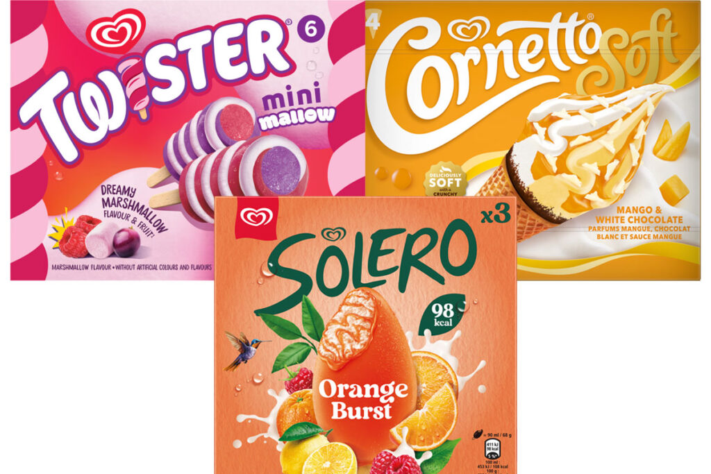 Pack shots of Wall's Twister Mini Mallow ice cream, Cornetto Soft Mango & White Chocolate and Solero Orange Burst.