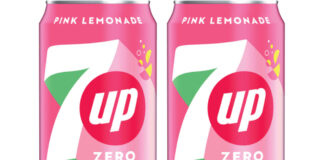 Pack shots of 7UP Zero Pink Lemonade cans.