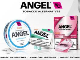 Angel expands on smoke-free range A pack of Angel Nicotine Pouches Blueberry Mint with some of the pouches next to it, a pack of Angel Nicotine Lozenges Spearmint is next to it with some of the lozenges in front of the pack and a pack of Angel Nicotine Strips Raspberry with a nicotine strip in front of the pack. The Angel logo is at the top of the image with the text 'Tobacco Alternatives' under the logo. The text along the bottom reads 'Angel Nic Pouches | Angel Nic Lozenges | Angel Nic Strips.