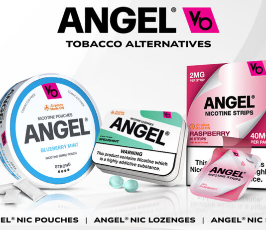 Angel expands on smoke-free range A pack of Angel Nicotine Pouches Blueberry Mint with some of the pouches next to it, a pack of Angel Nicotine Lozenges Spearmint is next to it with some of the lozenges in front of the pack and a pack of Angel Nicotine Strips Raspberry with a nicotine strip in front of the pack. The Angel logo is at the top of the image with the text 'Tobacco Alternatives' under the logo. The text along the bottom reads 'Angel Nic Pouches | Angel Nic Lozenges | Angel Nic Strips.