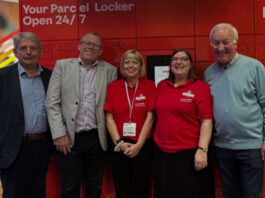 C-Store Collective and Royal Mail partnership gets stamp of approval (Left to right) Mike Igoe and Jonathan Rons, co-founders of C-Store Collective, Anna Malley, director of partnerships and acquisitions at Royal Mail, Sarah Mohammad, senior partnerships manager at Royal Mail, and John Heagney, co-founder of C-Store Collective, all stand in front of red Royal Mail lockers.