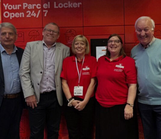 C-Store Collective and Royal Mail partnership gets stamp of approval (Left to right) Mike Igoe and Jonathan Rons, co-founders of C-Store Collective, Anna Malley, director of partnerships and acquisitions at Royal Mail, Sarah Mohammad, senior partnerships manager at Royal Mail, and John Heagney, co-founder of C-Store Collective, all stand in front of red Royal Mail lockers.