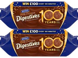 McVitie’s celebrates 100 years of Chocolate Digestives with new prize giveaway Pack shots of McVitie's Chocolate Digestives with on-pack designs highlighting 100 years of production of the product.