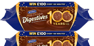 Pack shots of McVitie's Chocolate Digestives with on-pack designs highlighting 100 years of production of the product.