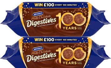 Pack shots of McVitie's Chocolate Digestives with on-pack designs highlighting 100 years of production of the product.