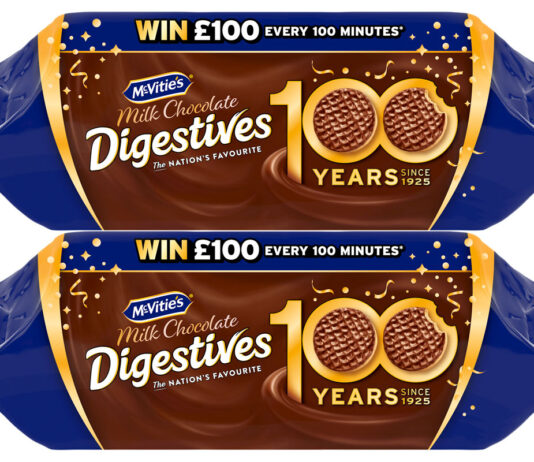 McVitie’s celebrates 100 years of Chocolate Digestives with new prize giveaway Pack shots of McVitie's Chocolate Digestives with on-pack designs highlighting 100 years of production of the product.
