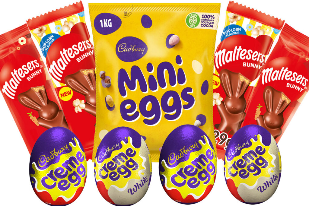 Pack shots of Easter products including Cadbury Mini Eggs 1kg, Maltesers Bunny, Maltesers Bunny Popcorn flavour, Cadbury Creme Egg and Cadbury White Creme Egg.