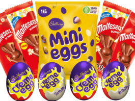 Top Easter chocolate in the UK for 2025 Pack shots of Easter products including Cadbury Mini Eggs 1kg, Maltesers Bunny, Maltesers Bunny Popcorn flavour, Cadbury Creme Egg and Cadbury White Creme Egg.