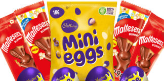 Pack shots of Easter products including Cadbury Mini Eggs 1kg, Maltesers Bunny, Maltesers Bunny Popcorn flavour, Cadbury Creme Egg and Cadbury White Creme Egg.