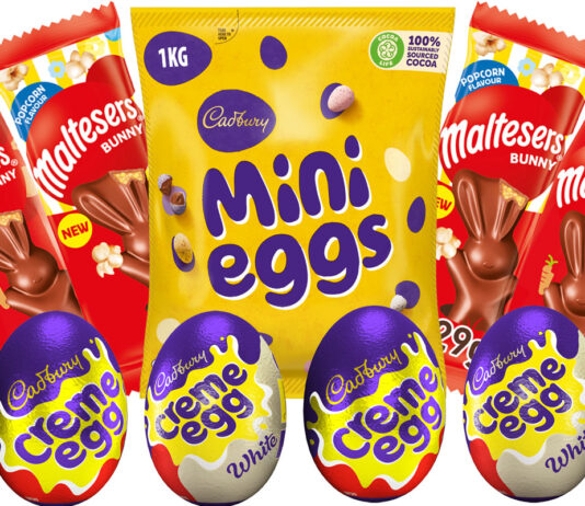 Top Easter chocolate in the UK for 2025 Pack shots of Easter products including Cadbury Mini Eggs 1kg, Maltesers Bunny, Maltesers Bunny Popcorn flavour, Cadbury Creme Egg and Cadbury White Creme Egg.