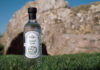 A bottle of Eden Mill Golf Gin sits on grass with a rock formation in the background.