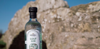 A bottle of Eden Mill Golf Gin sits on grass with a rock formation in the background.