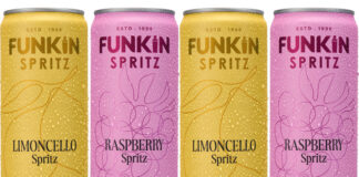 Pack shots of Funkin Spritz cans including Limoncello Spritz and Raspberry Spritz.