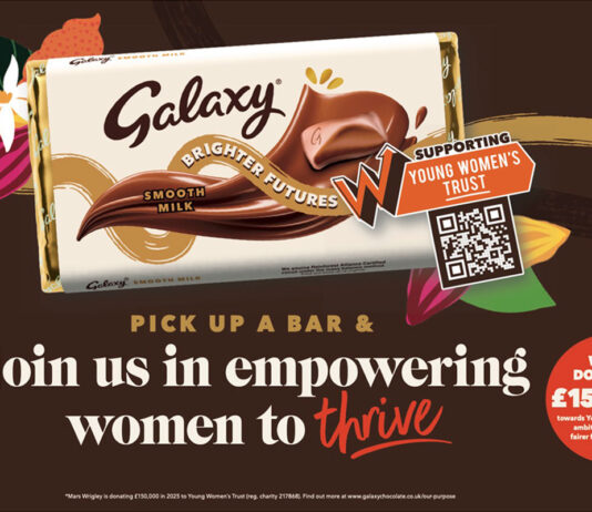 Galaxy commits to support of the Young Women’s Trust Promotional image of the partnership between Galaxy chocolate and the Young Women's Trust with a pack shot of a Galaxy chocolate bar, a QR code and symbol highlighting Galaxy's support of Young Women's Trust and an orange bubble that shows the brand's £150,000 donation. The text reads "Pick up a bar & join us in empowering women to thrive.
