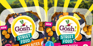 Packets of Gosh! Street Food Aloo Tikka Bites and Katsu Bites are on a table with drawn sunshine rays behind them.