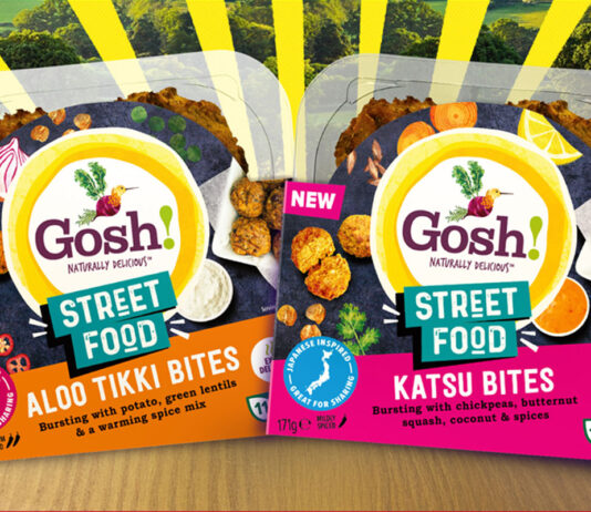 Gosh! expands on vegetarian Street Food with new Bites Packets of Gosh! Street Food Aloo Tikka Bites and Katsu Bites are on a table with drawn sunshine rays behind them.