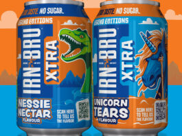 Irn-Bru XTRA introduces mysterious Legend Editions range Cans of Irn-Bru XTRA Legends Edition are in the middle of an orange and blue background design with the outlines of mountains and clouds in the background. The left can is Irn-Bru XTRA Legends Edition Nessie Nectar and on the right is Irn-Bru XTRA Unicorn Tears.
