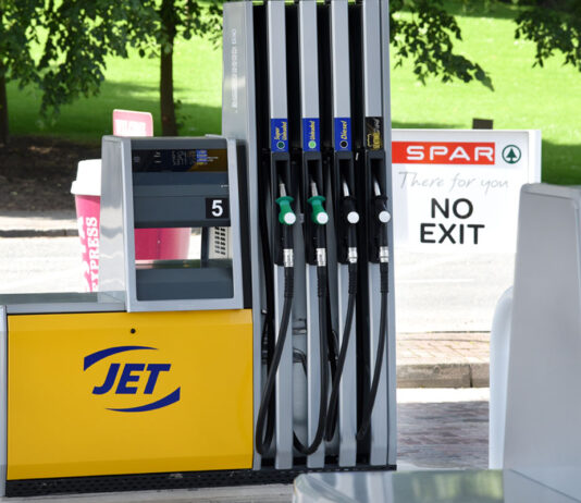 Inflation falls in first month of 2026 Fuel pumps at a Jet branded forecourt garage with a Spar branded sign in the background warning of no exit.
