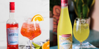 The left image has a bottle of Luxardo Aperitivo stands next to The Pink Aperitivo serve with oranges, herbs and nuts around the glass. The image on the right has a bottle of Luxardo Limoncello with a Luxardo Limoncello Spritz serve next to it on with a blue and white tea towel next to the glass on the table.