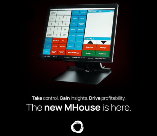 MHouse unveils rebrand and upgraded product suite at NCS 2025 A shop till with the MHouse MPos software instaleld on it, showcasing the firm's new technology and brand design. The text at the bottom reads "Take Control. Gain Insights. Drive Profitability. The new MHouse is here". The firm's logo is under the text.