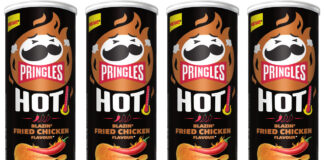 Pack shots of Pringles Hot Blazin' Fried Chicken.