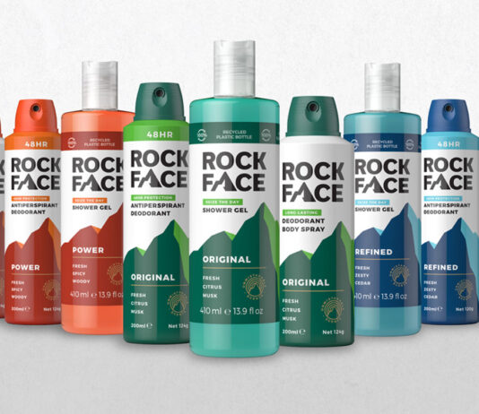 Rock Face kicks off bare faced ad campaign Rock Face deodorant and shower gel range with a grey and white background. (Left to right) Rock Face Power range, Rock Face Original range and Rock Face Refined range.
