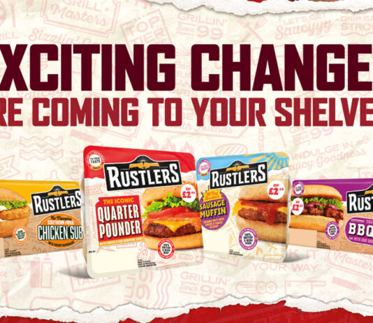 Rustlers unveils a new look across packaging Promotional image for the updated look across Rustlers foods including the Southern Fried Chicken Sub, The Iconic Quarter Pounder, All Day Breakfast Sausage Muffin and BBQ Rib with text at the top that reads 'Exciting Changes Are Coming to your Shelves'.