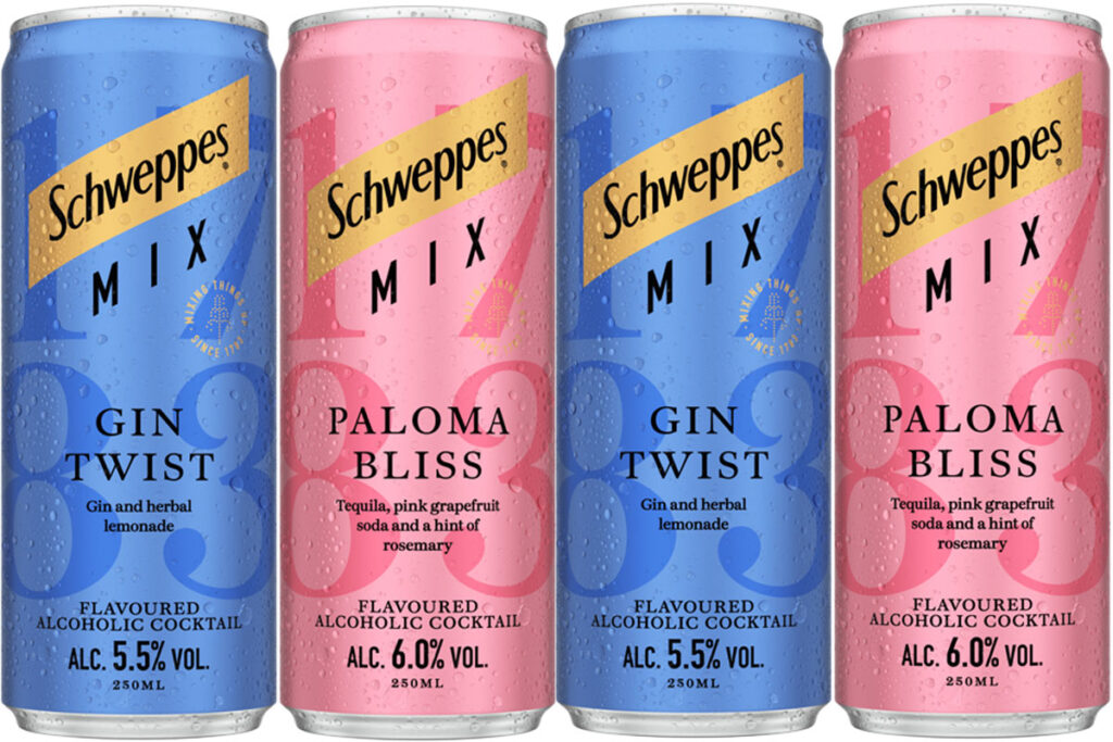 Pack shots of Schweppes Mix cocktail cans including Gin Twist and Paloma Bliss.