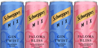 Pack shots of Schweppes Mix cocktail cans including Gin Twist and Paloma Bliss.