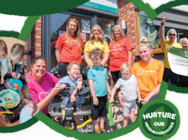 Spar Community Cashback scheme returns for 2025 Community photos featuring members of local areas a representatives from Spar UK are showing in green circles with the 'Nurture our Neighbourhoods' slogan in a bubble to the bottom right of the image.