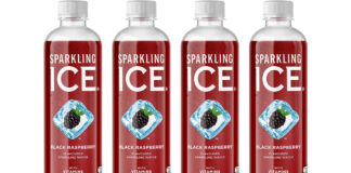 Pack shots of Sparkling Ice Black Raspberry sparkling flavoured water bottles.
