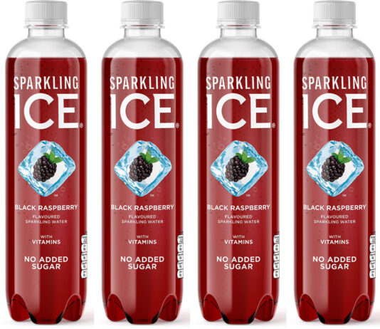 Sparkling Ice flavoured water variant relaunches into UK market Pack shots of Sparkling Ice Black Raspberry sparkling flavoured water bottles.