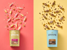 Classic dessert flavours roll out to Stockley’s sweets In the left image, a box of Stockley's Jam Roly Poly & Custard sweets lies down against a pink background with the sweets pouring out from the packet. In the right image a box of Stockley's Choc-Scotch lies against a yellow background with the sweets pouring out from the packet.