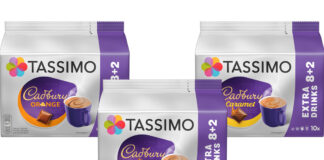 Pack shots of Tassimo Cadbury Hot Chocolate range including Classic, Orange and Caramel variants.