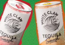 White Claw Tequila Smash cans are against a green background with a red outline on the Strawberry Lime variant and an orange outline on the Mango Passionfruit variant.