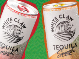 White Claw unveils new Tequila Smash brand White Claw Tequila Smash cans are against a green background with a red outline on the Strawberry Lime variant and an orange outline on the Mango Passionfruit variant.