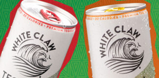 White Claw Tequila Smash cans are against a green background with a red outline on the Strawberry Lime variant and an orange outline on the Mango Passionfruit variant.