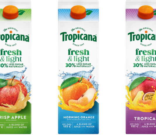 Tropicana mixes up a Fresh new range Pack shots of Tropicana Fresh & Light Crisp Apple with Grape, Fresh & Light Morning Orange with Mandarin and Apple and Fresh & Light Tropical.