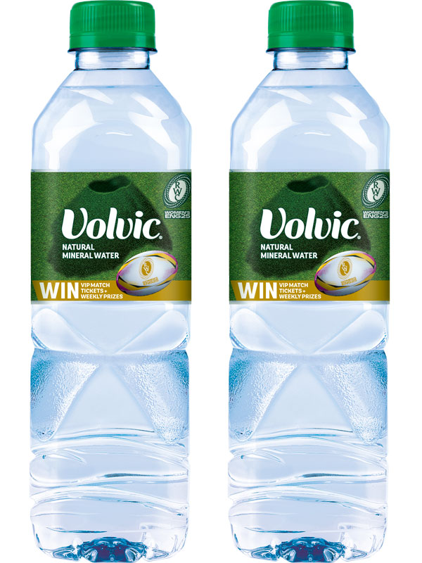 Pack shots of Volvic 500ml with on-pack promotion for the Women's Rugby World Cup 2025.