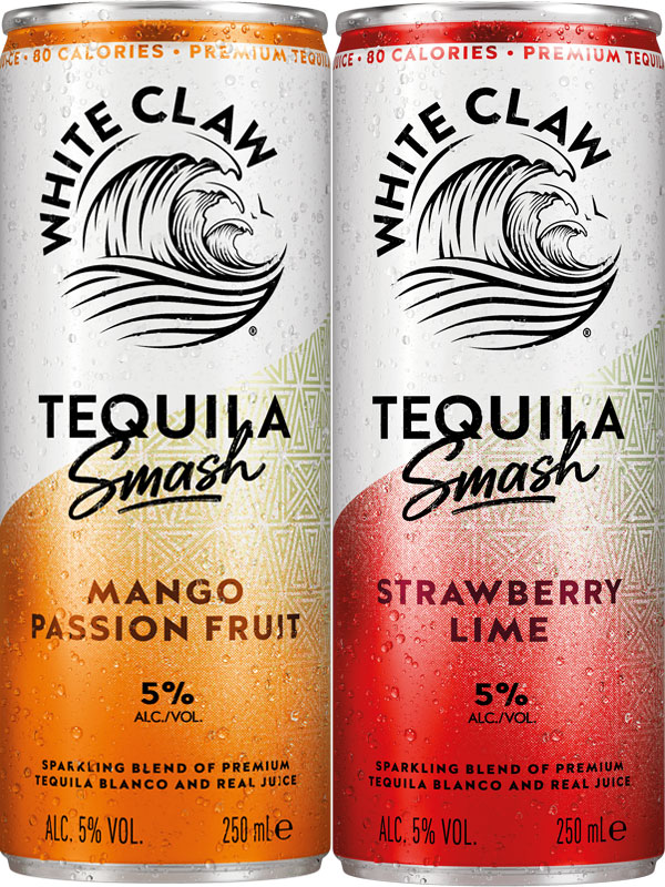 Pack shots of White Claw Tequila Smash Mango Passionfruit and White Claw Tequila Smash Strawberry Lime.