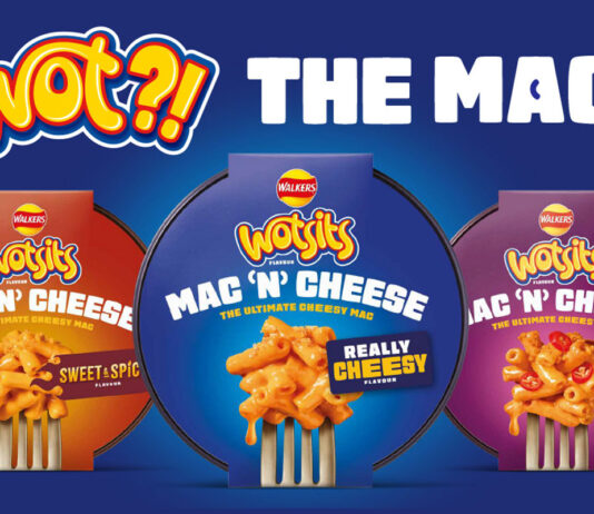 Wotsits expands beyond crisps with new Mac N Cheese meals Packs of Wotsits Mac N Cheese variants including Mac N Cheese Really Cheesy flavour, Mac N Cheese Flamin' Hot and Mac N Cheese Sweet & Spicy. The three variants are against a blue background with text at the top reading 'Wot?! The Mac'.