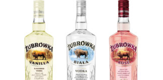 Pack shots of Żubrówka Biala, Żubrówka Vanilla and Żubrówka Rosé 700ml bottles.