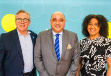 (L to R) Justin King, chair of Allwyn, Pete Cheema, chief executive at the Scottish Grocers' Federation, and Alison Acquaye-Acford, Allwyn's director of commercial partnerships and retail sales.