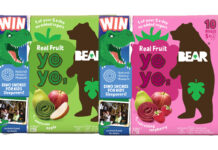 Pack shots of BEAR YoYo Awesome Apple and BEAR YoYo Refreshing Raspberry with the Kids Sleepover at the Natural History Museum promotion on pack.