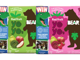 Natural History Museum promo back on BEAR packs Pack shots of BEAR YoYo Awesome Apple and BEAR YoYo Refreshing Raspberry with the Kids Sleepover at the Natural History Museum promotion on pack.