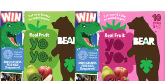 Pack shots of BEAR YoYo Awesome Apple and BEAR YoYo Refreshing Raspberry with the Kids Sleepover at the Natural History Museum promotion on pack.