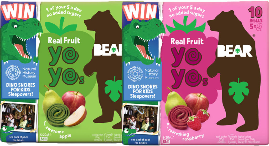 Pack shots of BEAR YoYo Awesome Apple and BEAR YoYo Refreshing Raspberry with the Kids Sleepover at the Natural History Museum promotion on pack.