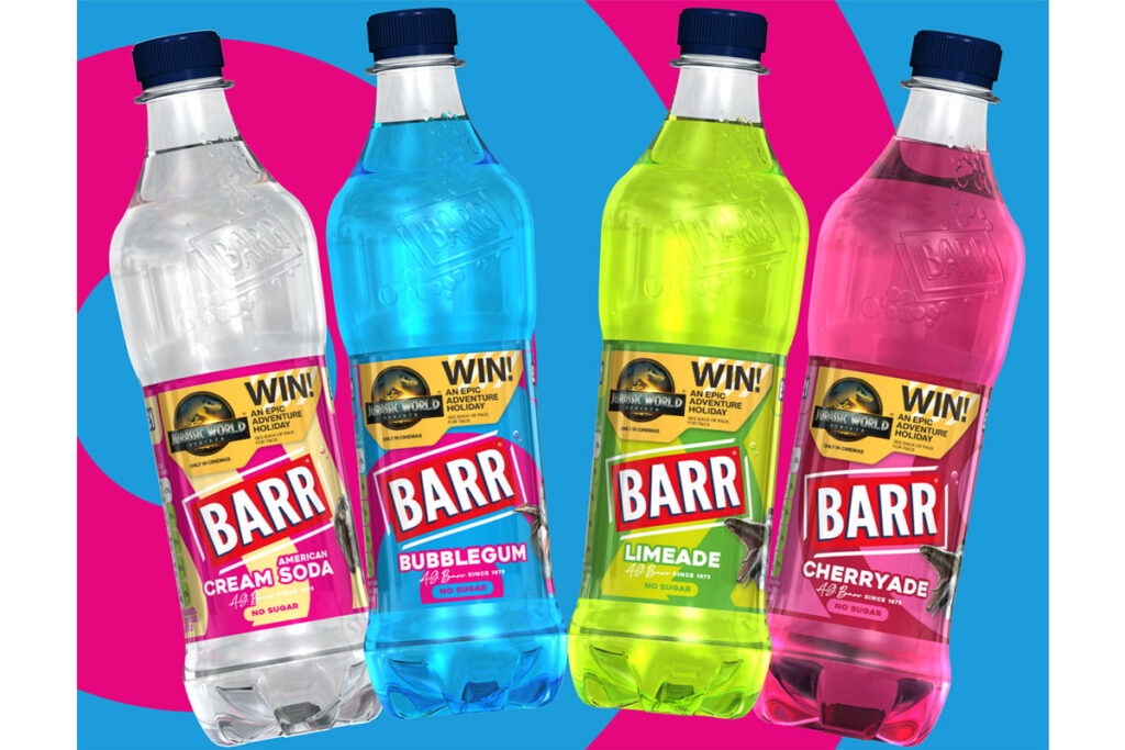 Promotional image of Barr Flavours with the Jurassic World Rebirth promotion on pack featuring flavours Cream Soda, Bubblegum, Limeade and Cherryade with a blue and pink background.