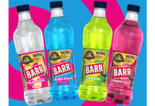Promotional image of Barr Flavours with the Jurassic World Rebirth promotion on pack featuring flavours Cream Soda, Bubblegum, Limeade and Cherryade with a blue and pink background.
