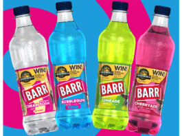 Barr Flavours announces on-pack promotion for Jurassic World Rebirth Promotional image of Barr Flavours with the Jurassic World Rebirth promotion on pack featuring flavours Cream Soda, Bubblegum, Limeade and Cherryade with a blue and pink background.